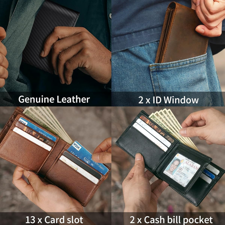 Men's Bifold Genuine Leather RFID Blocking Wallet - StitchCraft-Black-Nora Luxe
