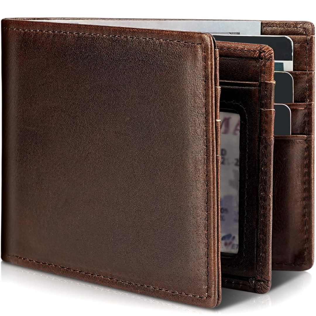 Men's Bifold Genuine Leather RFID Blocking Wallet - StitchCraft-Dark Brown-Nora Luxe