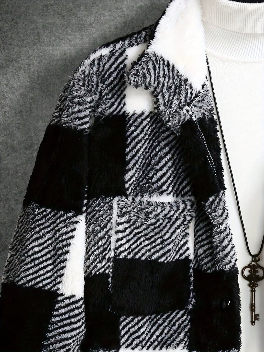 Men's Black and White Checked Fleece Jacket - Riley-S-Nora Luxe
