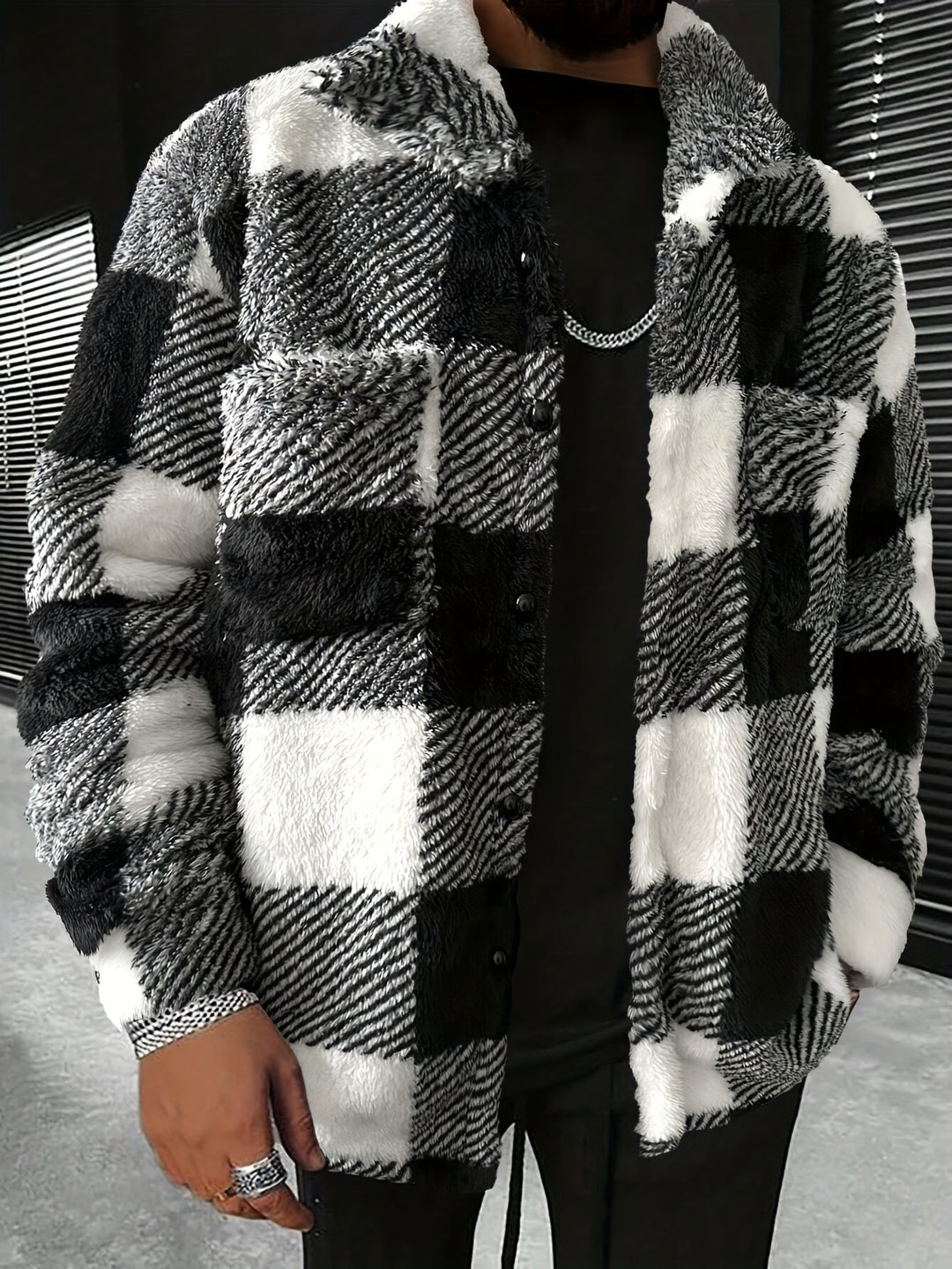 Men's Black and White Checked Fleece Jacket - Riley-S-Nora Luxe