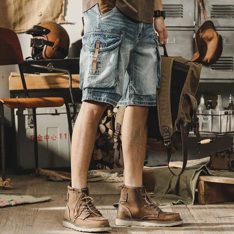 Men's Denim Cargo Shorts in Retro Motorcycle Style – Ronex-Denim Blue-S-Nora Luxe