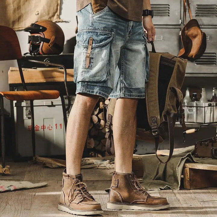 Men's Denim Cargo Shorts in Retro Motorcycle Style – Ronex-Denim Blue-S-Nora Luxe