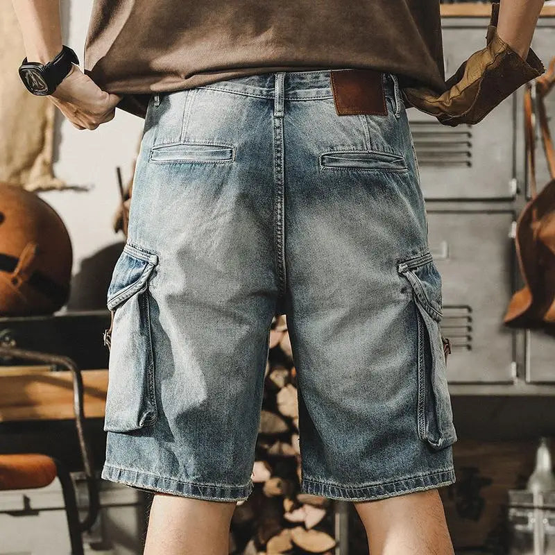 Men's Denim Cargo Shorts in Retro Motorcycle Style – Ronex-Denim Blue-S-Nora Luxe