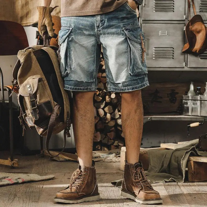 Men's Denim Cargo Shorts in Retro Motorcycle Style – Ronex-Denim Blue-S-Nora Luxe