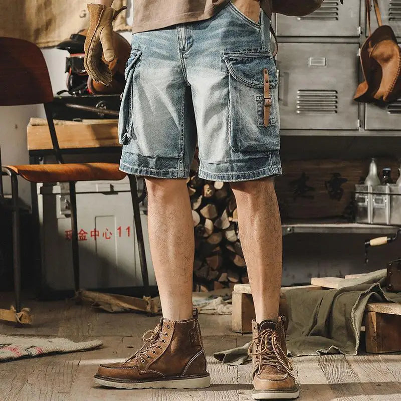 Men's Denim Cargo Shorts in Retro Motorcycle Style – Ronex-Denim Blue-S-Nora Luxe