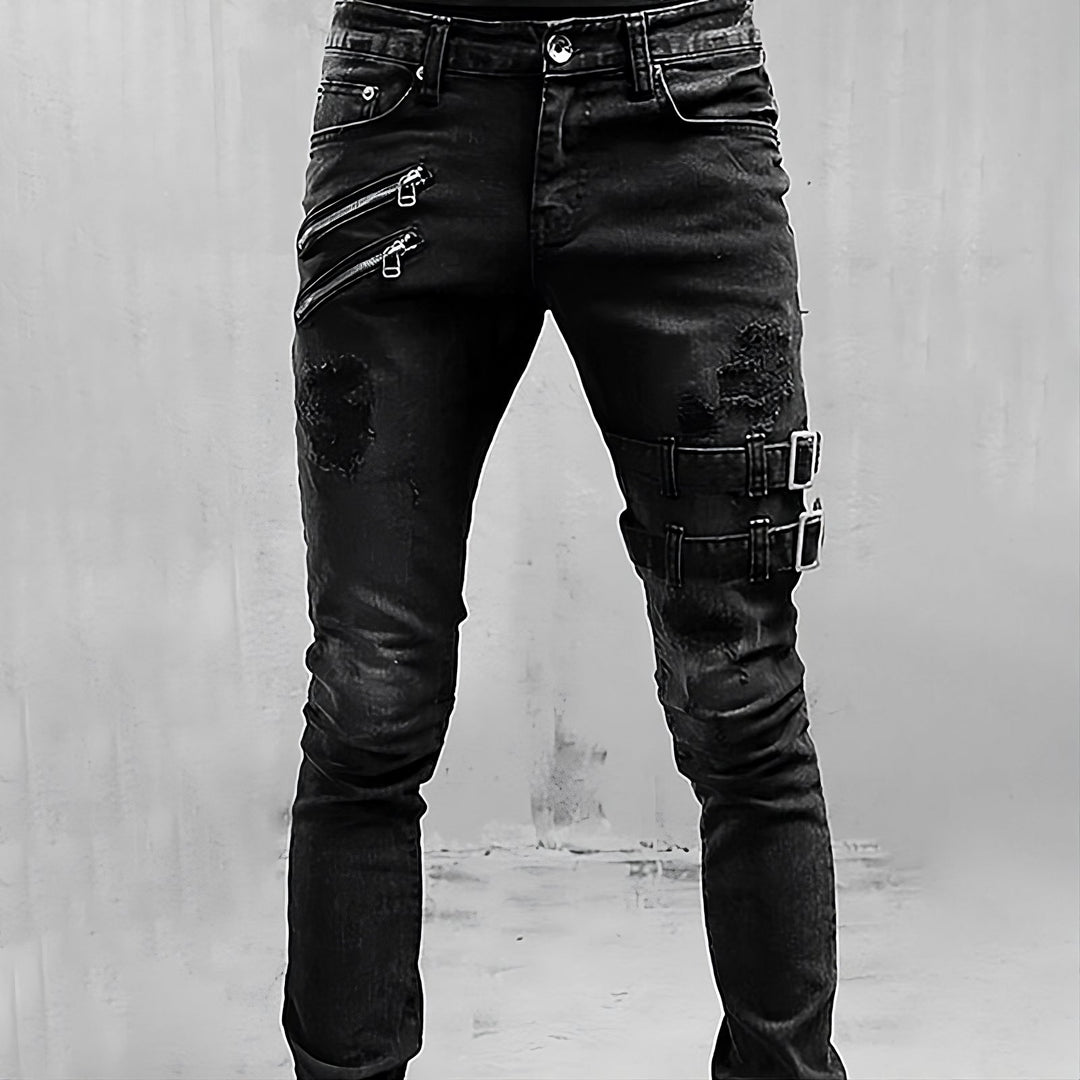 Men's Denim Jeans with Buckles and Zippers - TitanEdge-Black-S-Nora Luxe