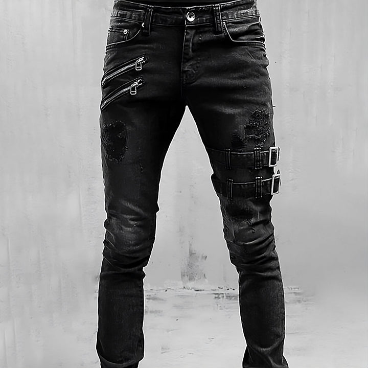 Men's Denim Jeans with Buckles and Zippers - TitanEdge-Black-S-Nora Luxe