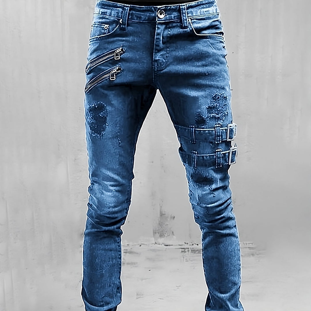Men's Denim Jeans with Buckles and Zippers - TitanEdge-Blue-S-Nora Luxe