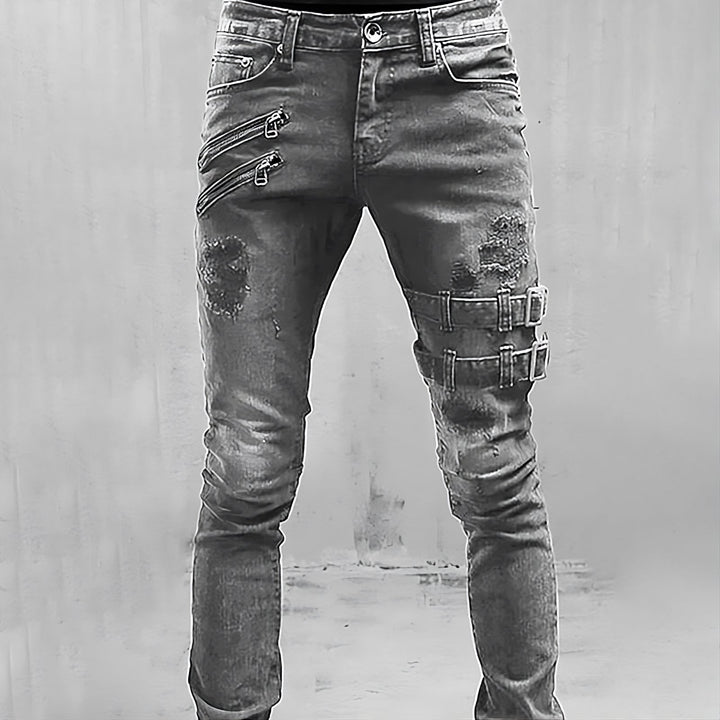 Men's Denim Jeans with Buckles and Zippers - TitanEdge-Gray-S-Nora Luxe