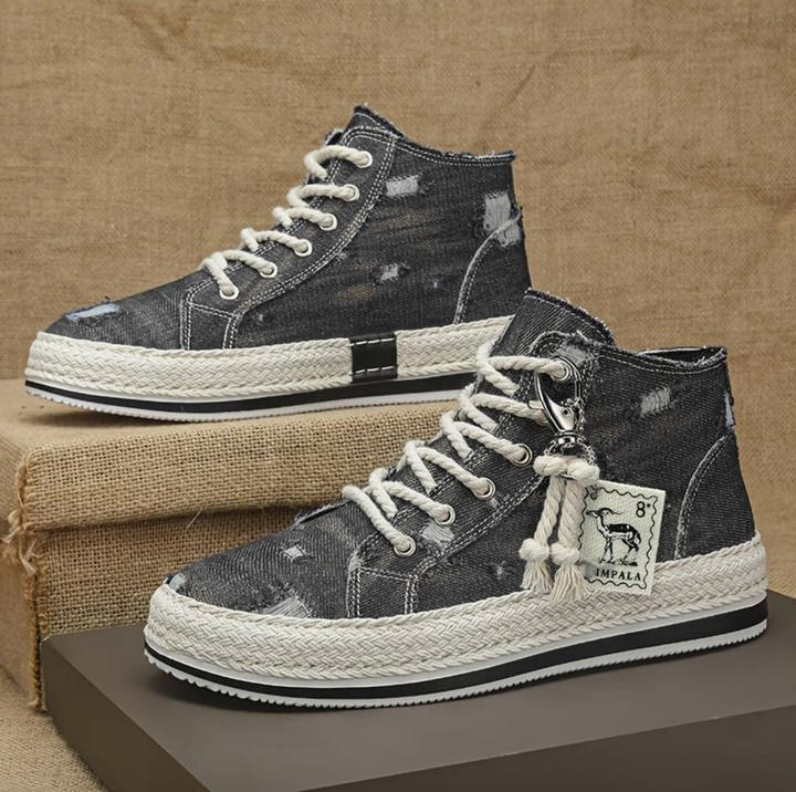 Men's High-Top Denim Sneakers with Grip Sole & Ankle Support – Jarek-Black-4-Nora Luxe