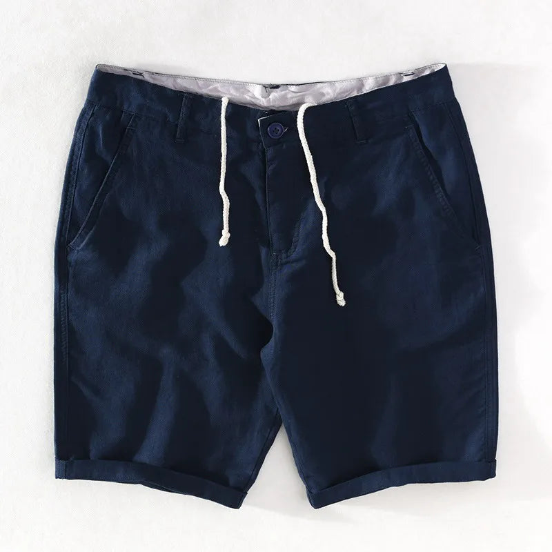 Men's linen-cotton summer shorts with button closure - Sandro-Marine blue-S-Nora Luxe