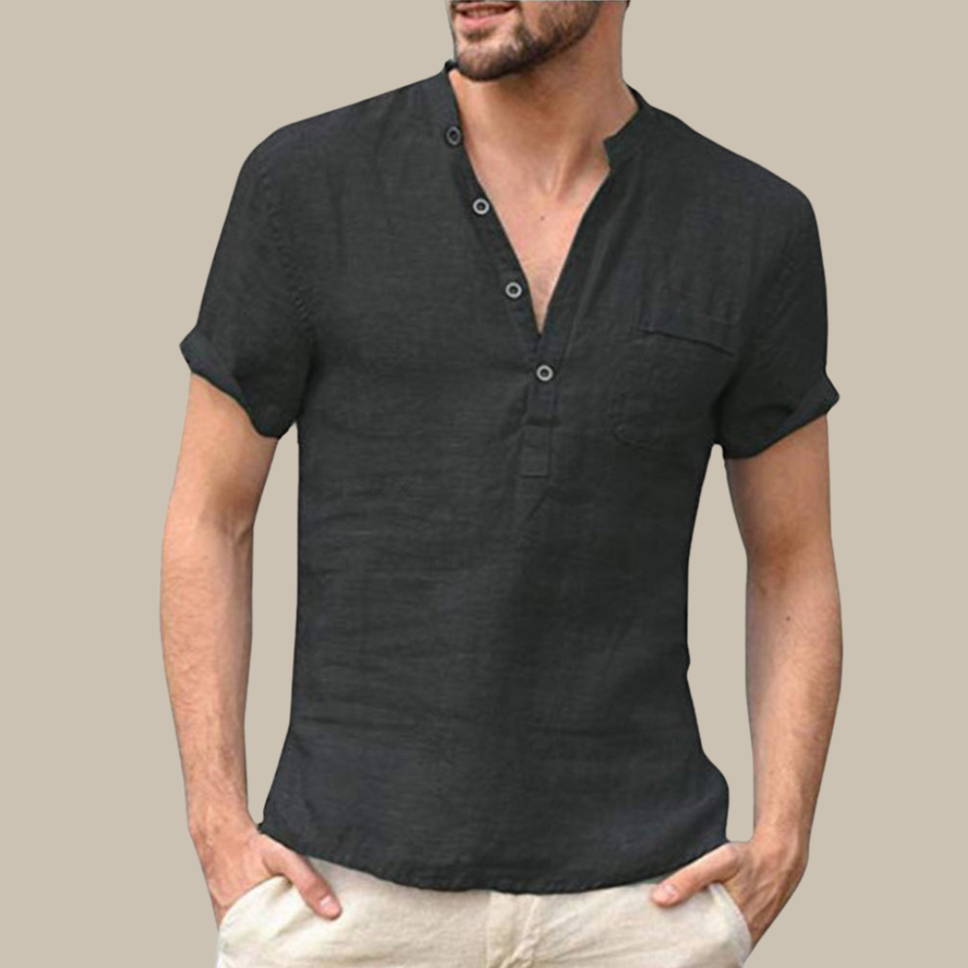 Men's Linen Shirt | V-Neck | Short Sleeves | Button Closure-Black-S-Nora Luxe