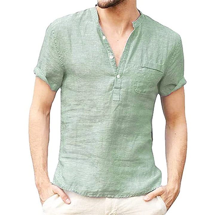 Men's Linen Shirt | V-Neck | Short Sleeves | Button Closure-Green-S-Nora Luxe
