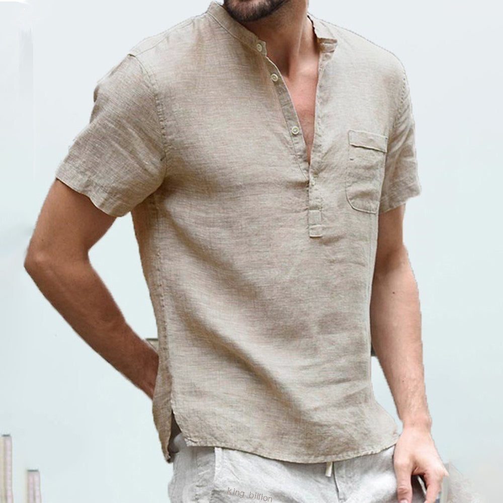 Men's Linen Shirt | V-Neck | Short Sleeves | Button Closure-Khaki-S-Nora Luxe