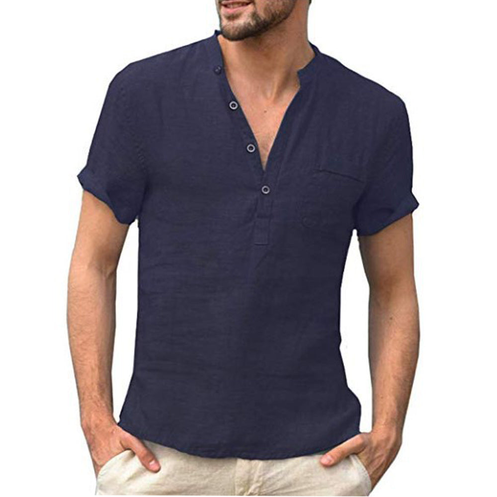 Men's Linen Shirt | V-Neck | Short Sleeves | Button Closure-Marine Blue-S-Nora Luxe