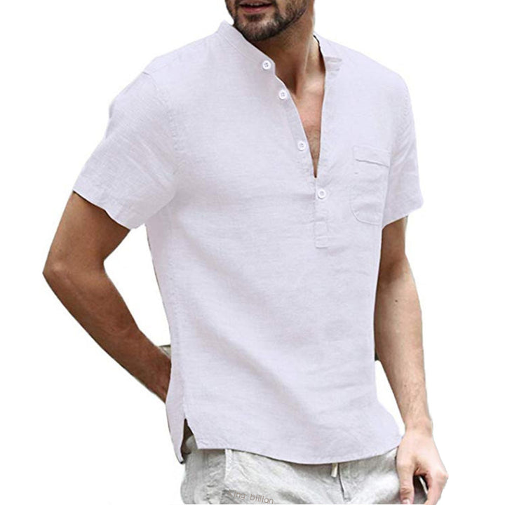 Men's Linen Shirt | V-Neck | Short Sleeves | Button Closure-White-S-Nora Luxe