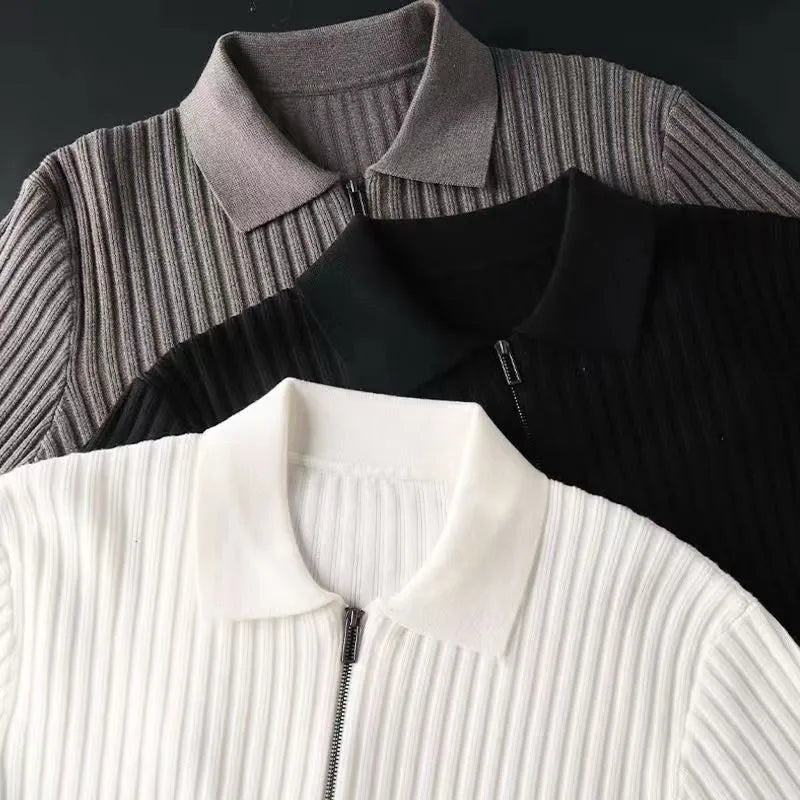 Men's Merino Polo Sweater with Zip - Ethan-Black-M-Nora Luxe