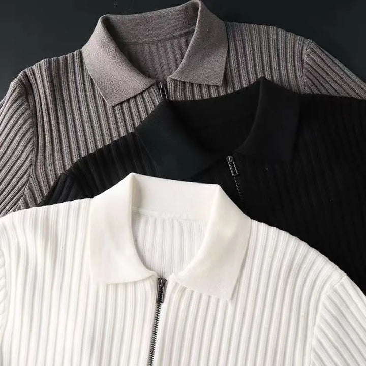Men's Merino Polo Sweater with Zip - Ethan-Black-M-Nora Luxe