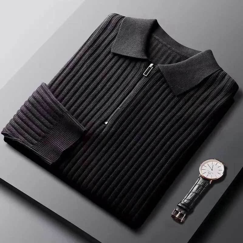 Men's Merino Polo Sweater with Zip - Ethan-Black-M-Nora Luxe
