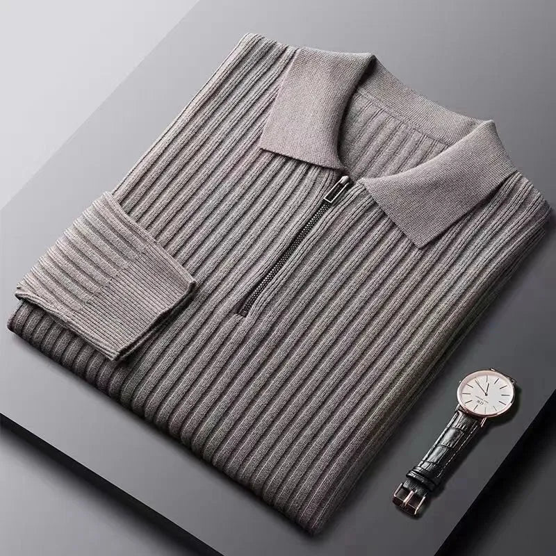 Men's Merino Polo Sweater with Zip - Ethan-Gray-M-Nora Luxe
