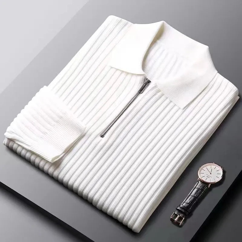 Men's Merino Polo Sweater with Zip - Ethan-White-M-Nora Luxe