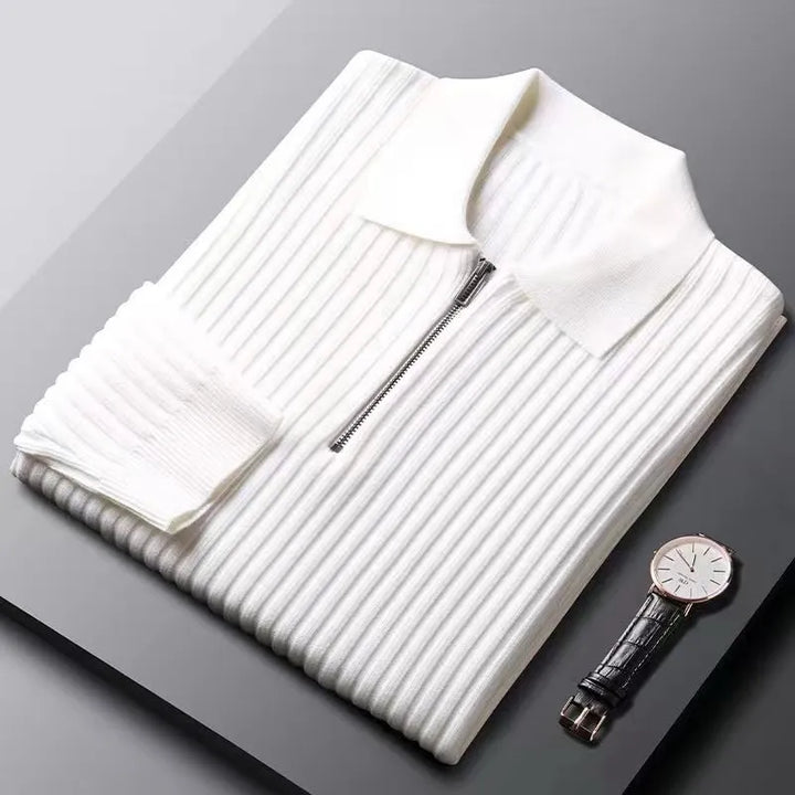 Men's Merino Polo Sweater with Zip - Ethan-White-M-Nora Luxe