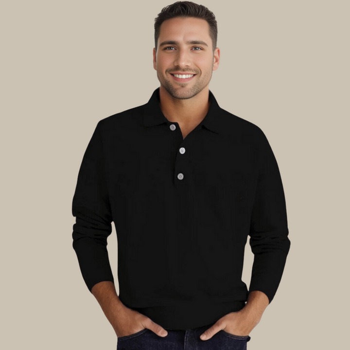 Men's Polo Sweater with Long Sleeves - GentCraft-Black-S-Nora Luxe