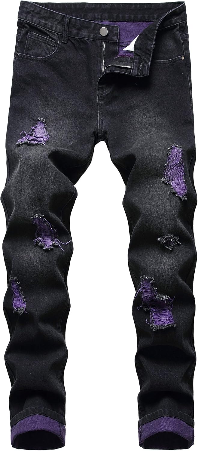 Men's Slim-Fit Ripped Jeans - Mick-Black/Purple-28-Nora Luxe