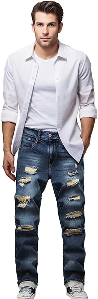 Men's Slim-Fit Ripped Jeans - Mick-Dark blue-28-Nora Luxe