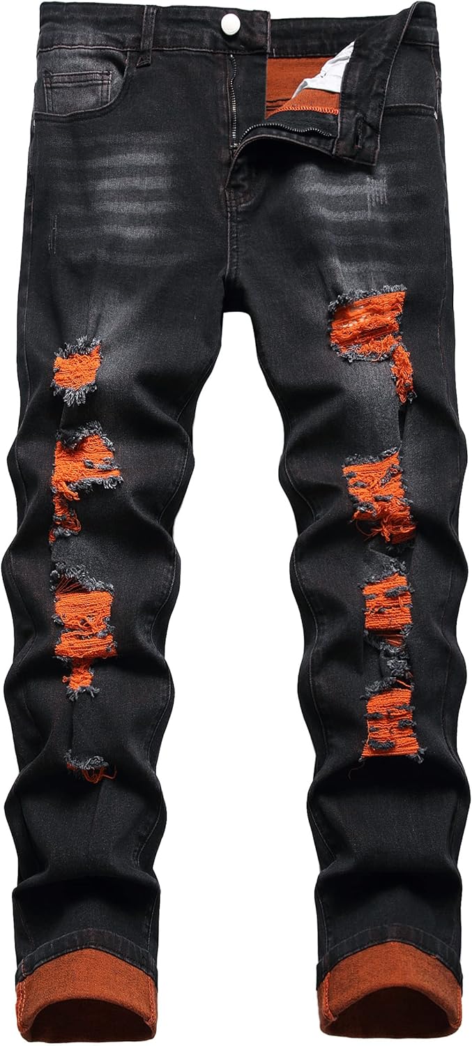 Men's Slim-Fit Ripped Jeans - Mick-Orange-28-Nora Luxe