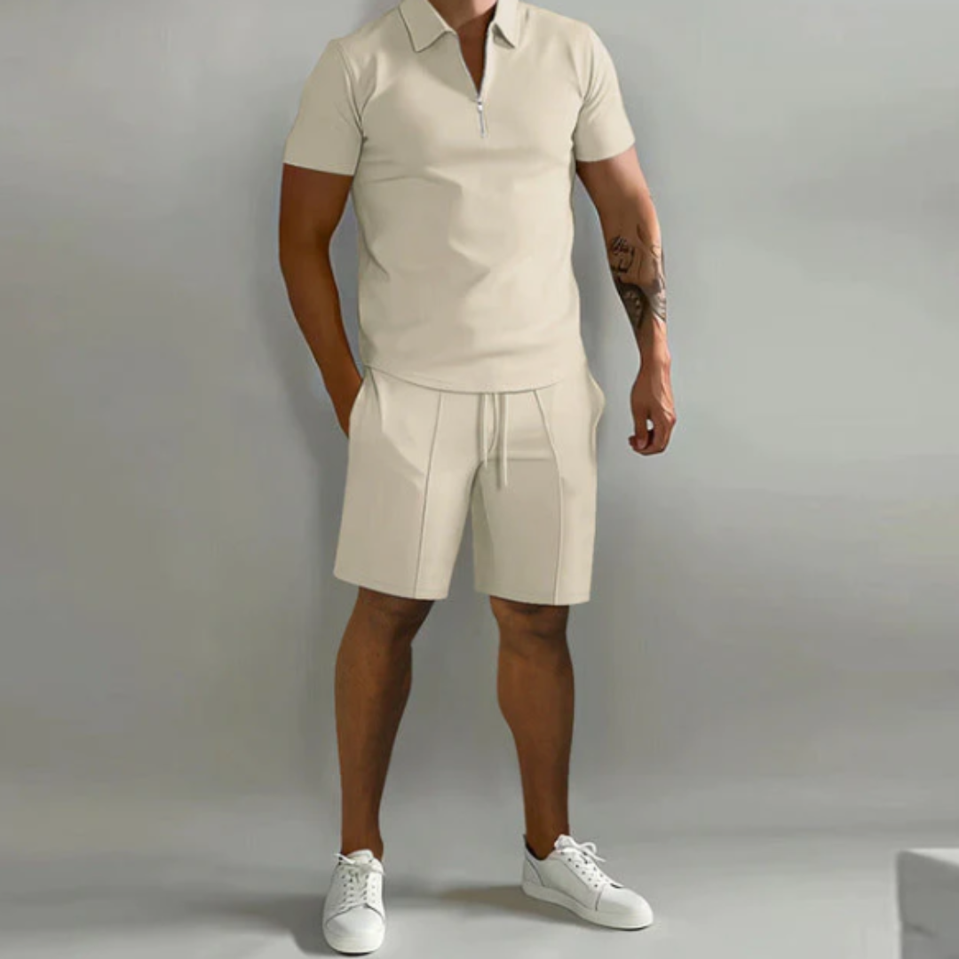Men's sports set polo with zip and shorts summer style - Dario-Beige-S-Nora Luxe