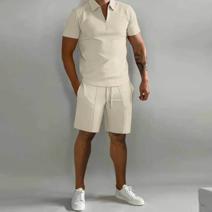 Men's sports set polo with zip and shorts summer style - Dario-Beige-S-Nora Luxe