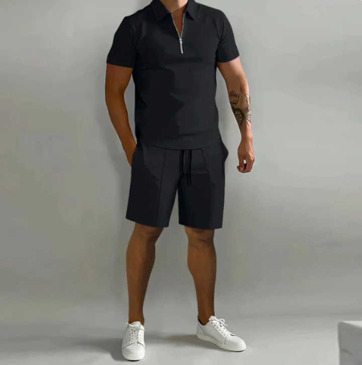 Men's sports set polo with zip and shorts summer style - Dario-Black-S-Nora Luxe