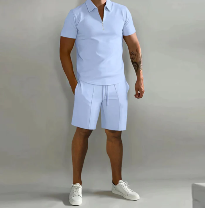 Men's sports set polo with zip and shorts summer style - Dario-Light blue-S-Nora Luxe