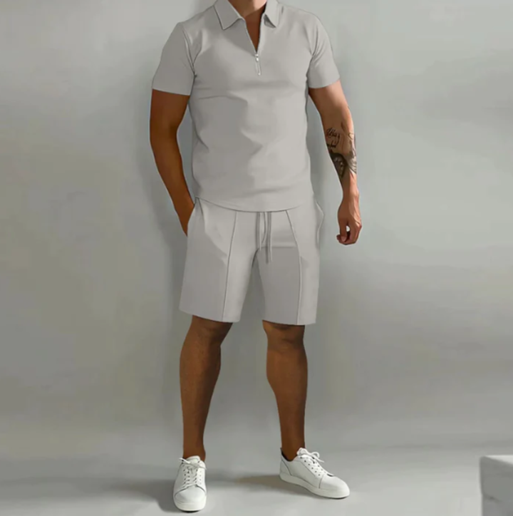 Men's sports set polo with zip and shorts summer style - Dario-Light gray-S-Nora Luxe
