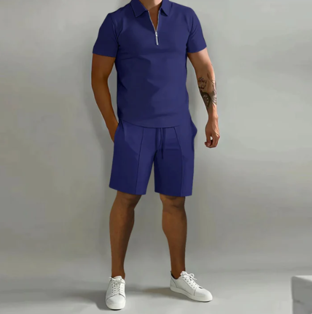 Men's sports set polo with zip and shorts summer style - Dario-Marine blue-S-Nora Luxe