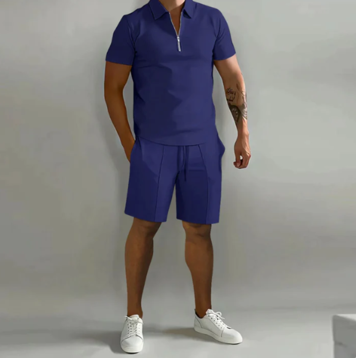 Men's sports set polo with zip and shorts summer style - Dario-Marine blue-S-Nora Luxe