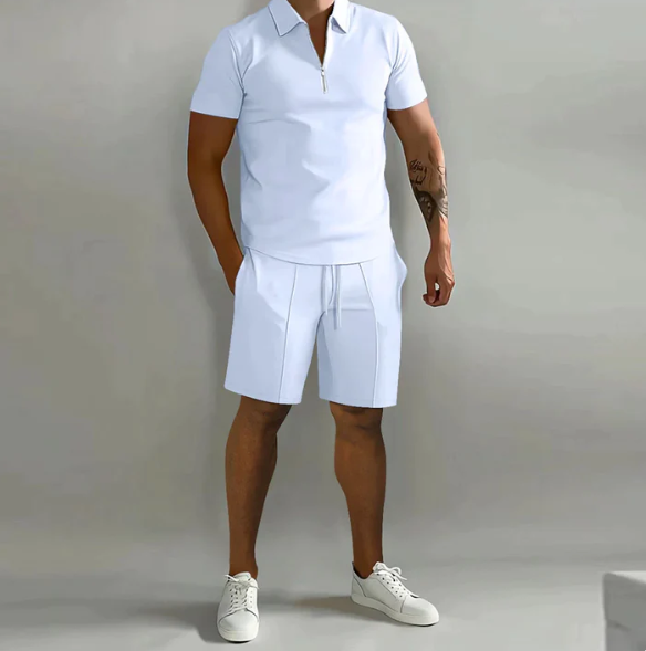 Men's sports set polo with zip and shorts summer style - Dario-White-S-Nora Luxe
