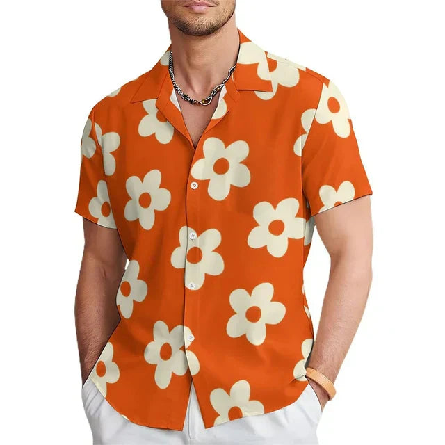 Men's Summer Shirt with Floral Print and Notched Collar – Elian-Orange-S-State of Style