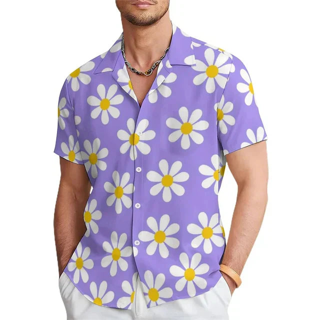 Men's Summer Shirt with Floral Print and Notched Collar – Elian-Purple-S-State of Style