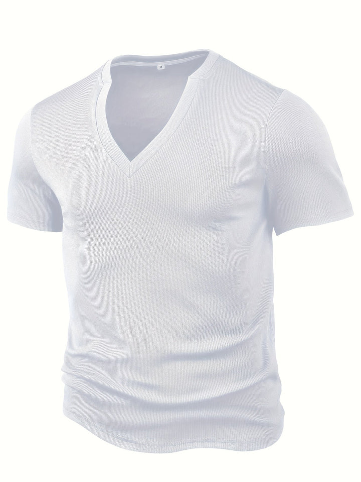 Men's T-shirt with Deep V-neck and Texture – Rafael-White-S-State of Style
