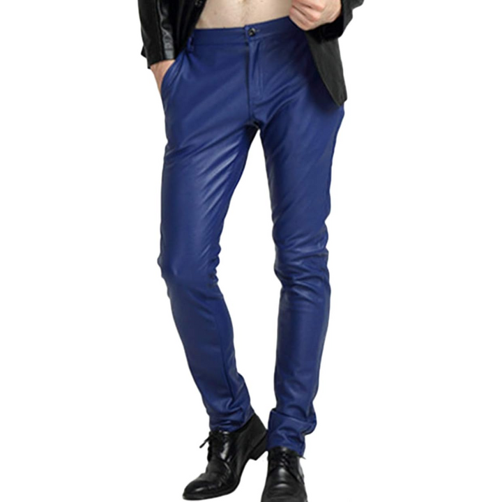 Men's Tapered Faux Leather Biker Pants - Bernard-Blue-28-Nora Luxe