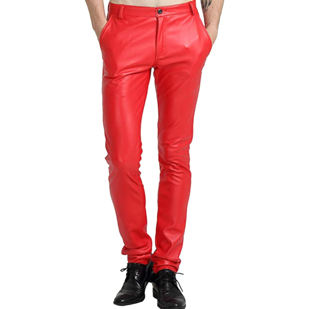 Men's Tapered Faux Leather Biker Pants - Bernard-Red-28-Nora Luxe