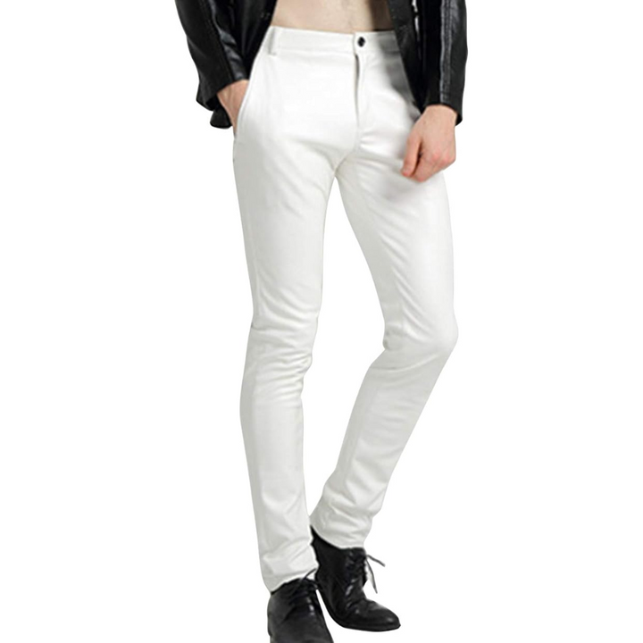 Men's Tapered Faux Leather Biker Trousers - Victor-White-28-Nora Luxe