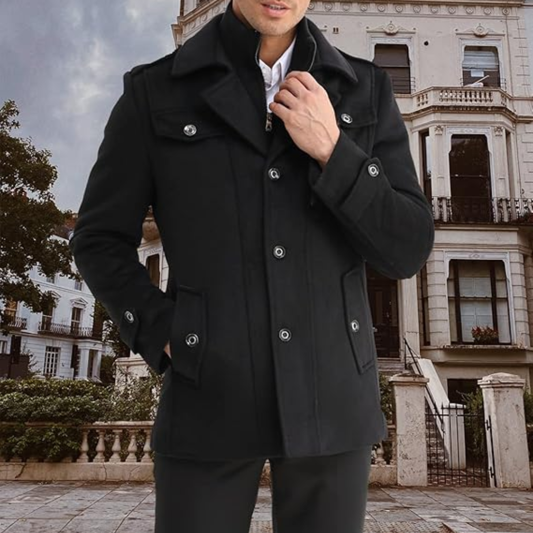 Men's Wool Blend Trench Coat - Pedro-Black-Nora Luxe