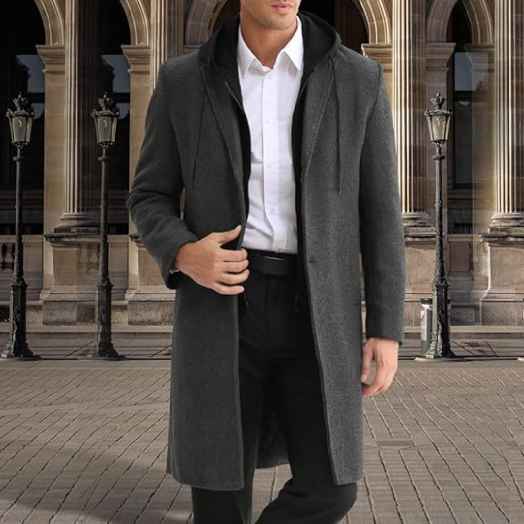 Men's Wool Blend Trench Coat - Pedro-Black-Nora Luxe