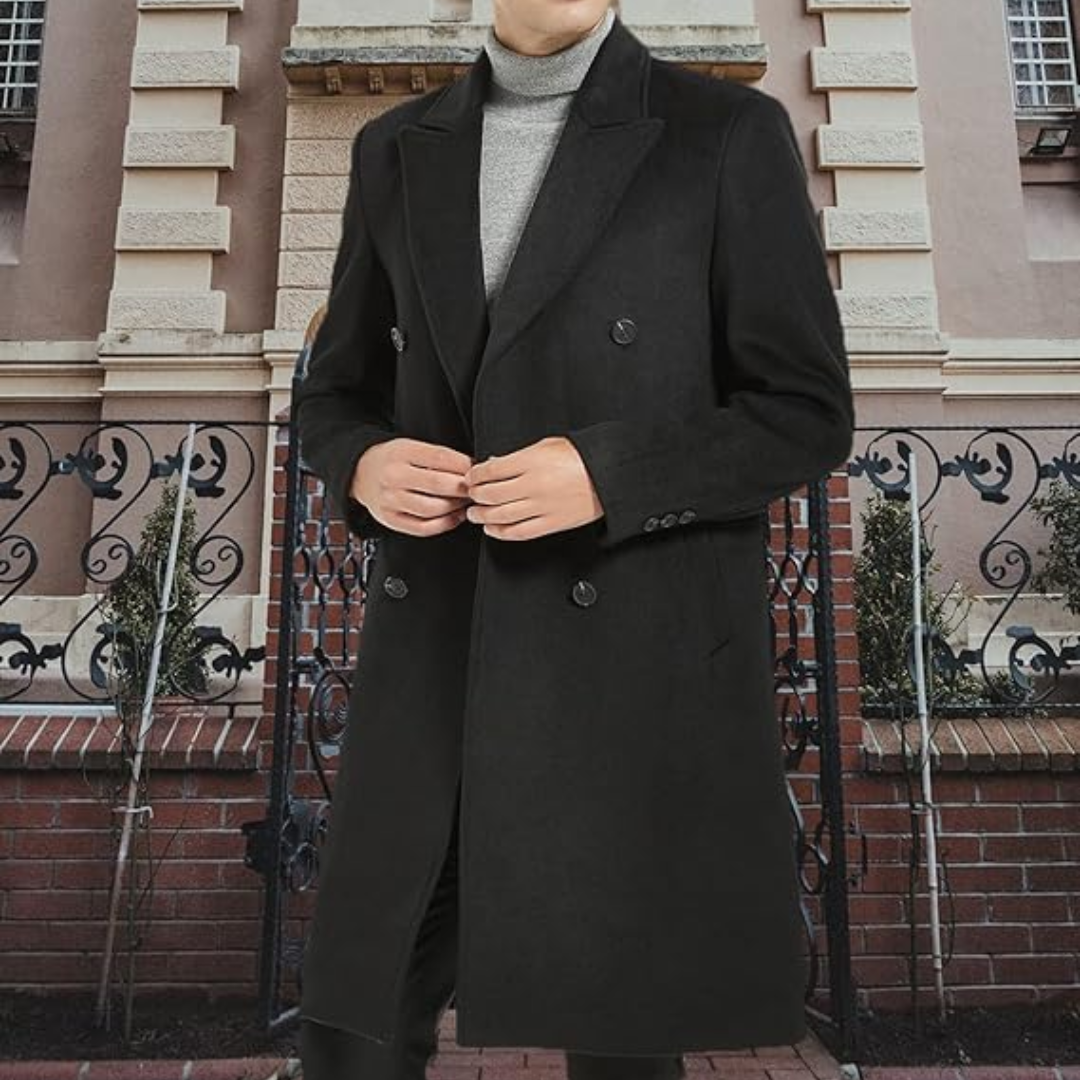 Men's Wool Blend Trench Coat - Pedro-Black-Nora Luxe