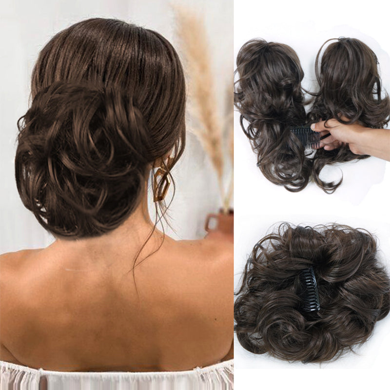 Messy Clip-in Bun with Side Clip – Elina-Dark brown-Nora Luxe