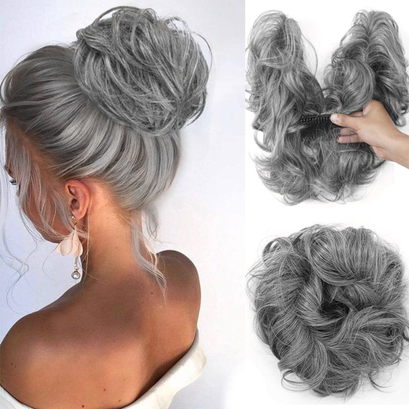 Messy Clip-in Bun with Side Clip – Elina-Silver Grey-Nora Luxe
