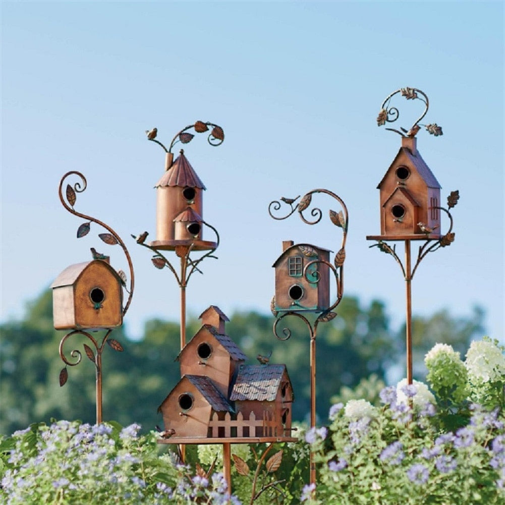 Metal Art Birdhouse on Garden Stake - FeatherNest-House with fireplace and window-Nora Luxe